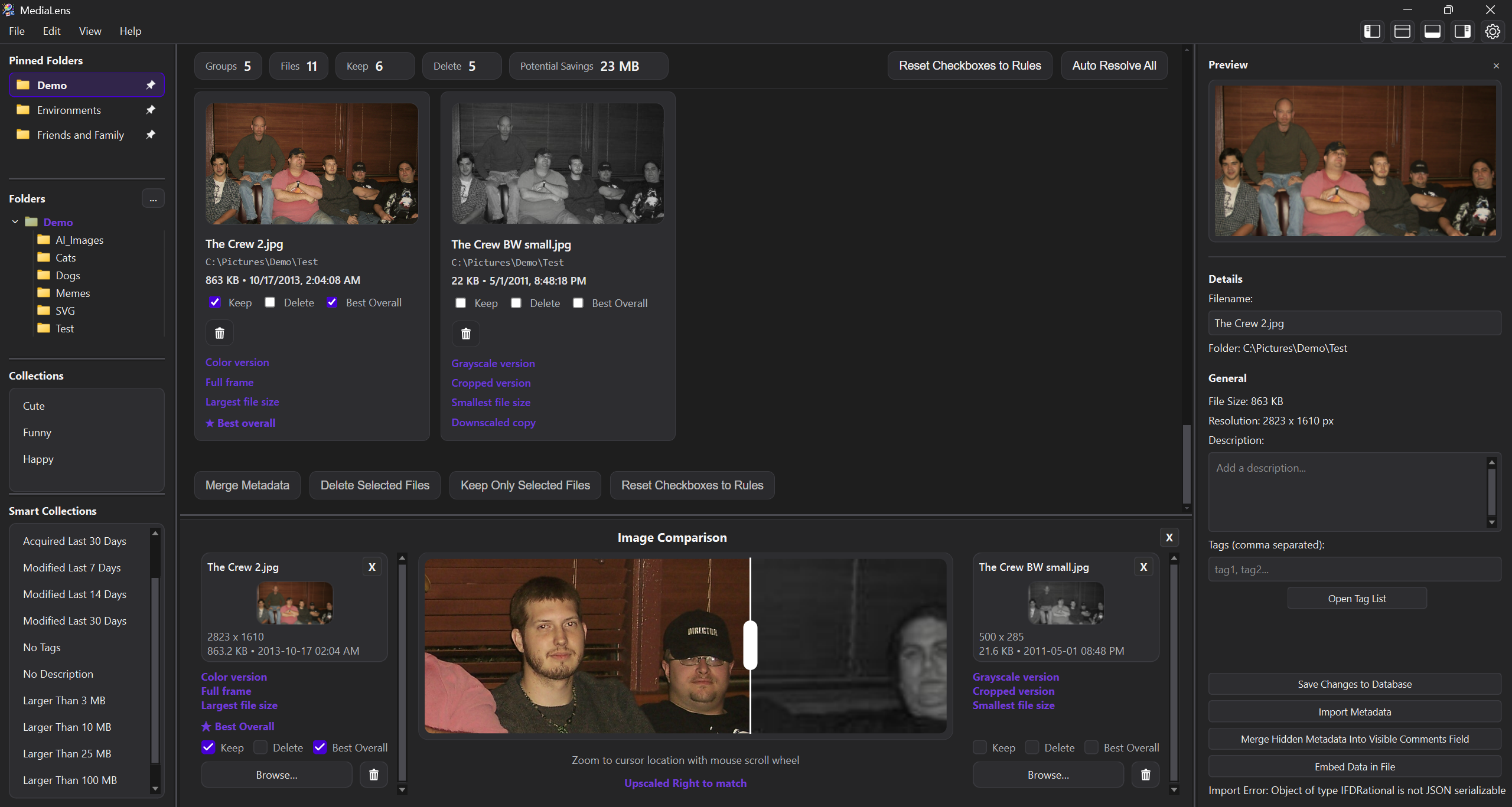 MediaLens similar file review with comparison and metadata details